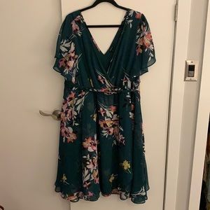 Green Floral Faux Wrap Dress